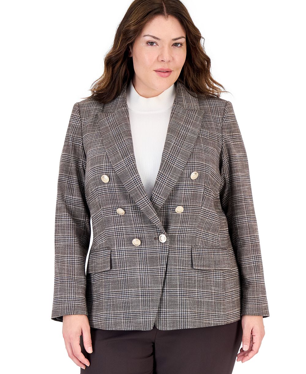 Tahari Plus Size Plaid Double-Breasted Blazer