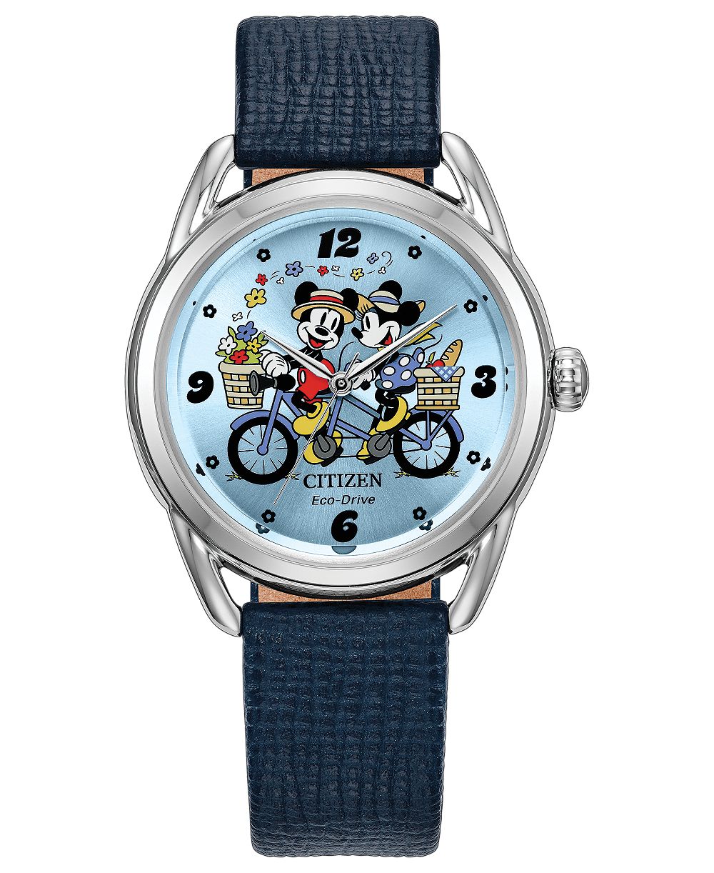Citizen женские наручные часы с кожаным ремешком 36 мм, темно-синие, Mickey and Minnie in Tandem