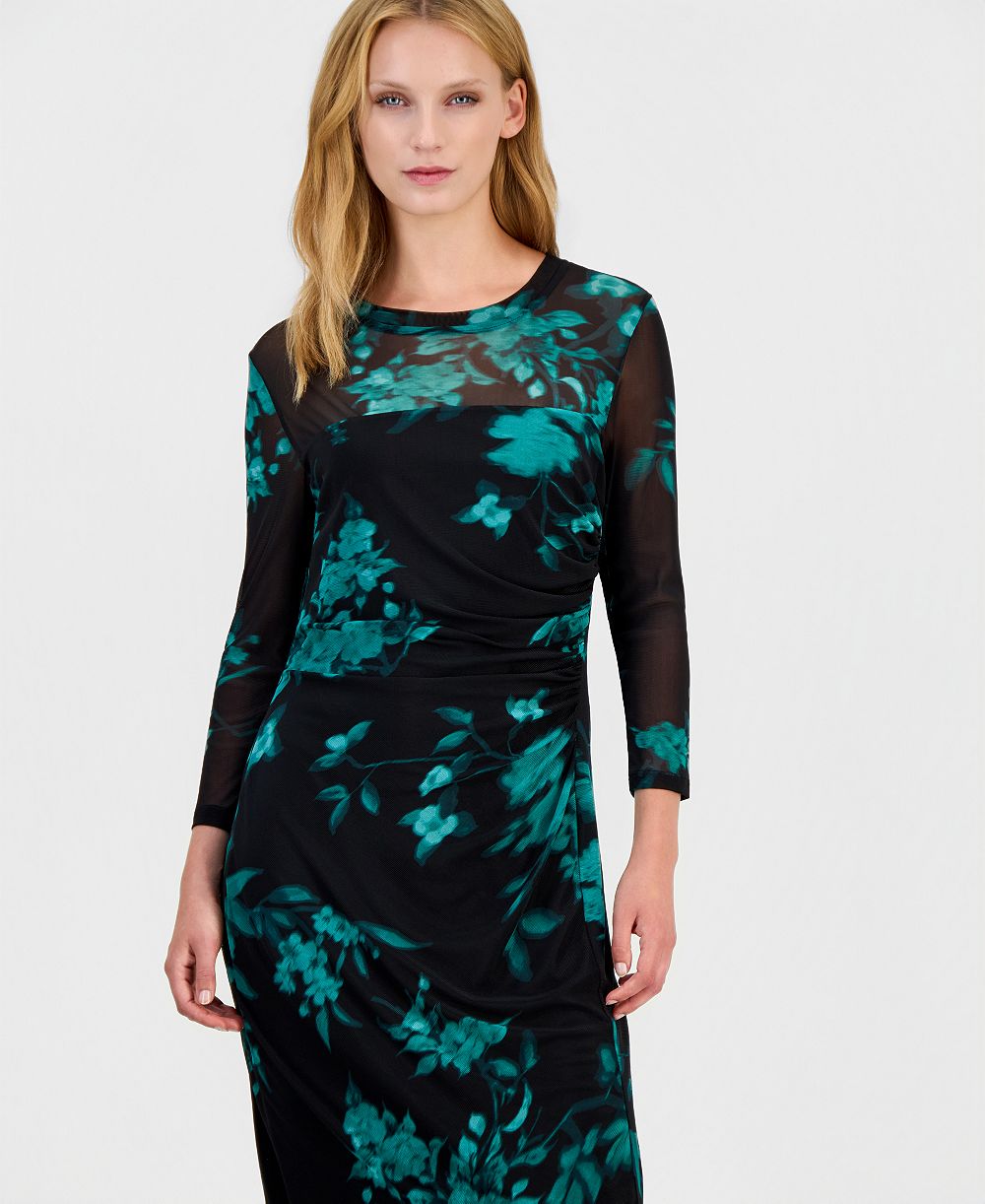Anne Klein женское миди-платье с цветочным принтом и длинным рукавом из сетки
