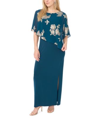 MSK Petite Metallic Floral-Print Crewneck Short-Sleeve Maxi Dress