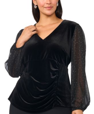 MSK Plus Size Surplice Velvet Ruched Long-Sleeve Blouse