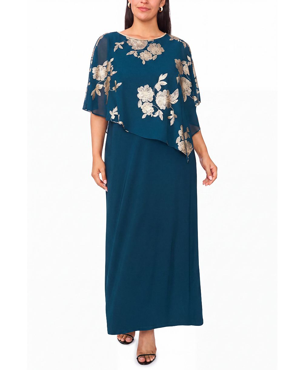 MSK Plus Size Metallic Floral-Print Crewneck Short-Sleeve Maxi Dress
