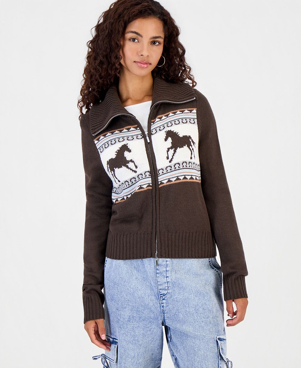 Hooked Up by IOT Juniors' Double-Zip Collared Horse Motif Sweater