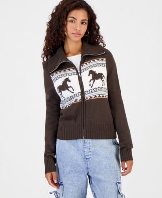 Hooked Up by IOT Juniors' Double-Zip Collared Horse Motif Sweater