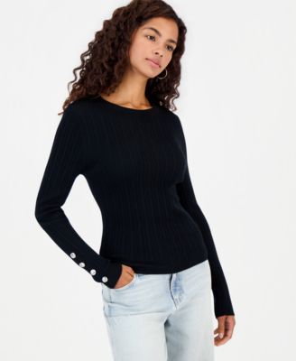 Hooked Up by IOT Juniors' Button Fine Gauge Crewneck Ribbed Cardigan
