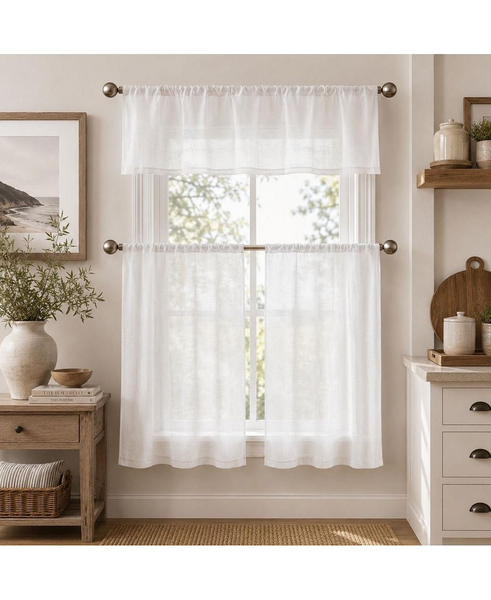 Kate Aurora Brandi Complete 3 Piece Rod Pocket Sheer Cafe Kitchen Curtain Tier And Valance Set