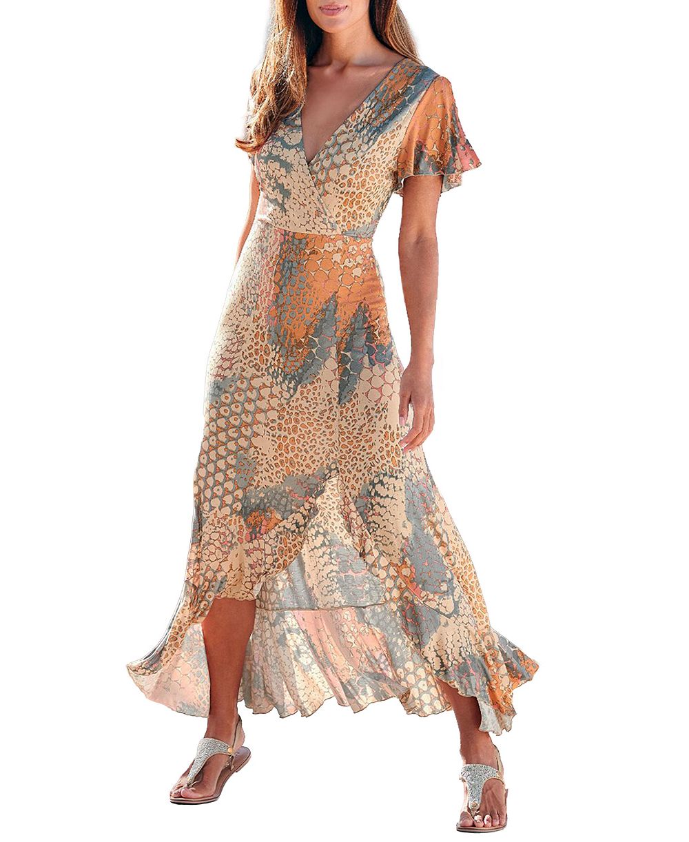 LASCANA Women's Viscose Printed Side Slit Ruffle-Trim Maxi Dress