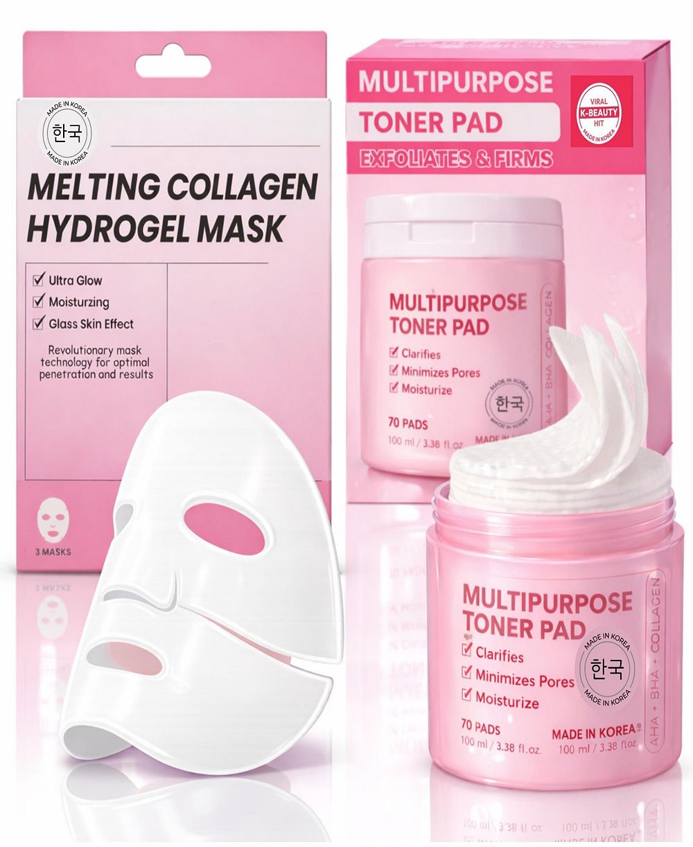 Lovery Korean Beauty and Skincare Glass Skin Renewal Set with Collagen Hydrogel Masks and Multipurpose Toner Pads