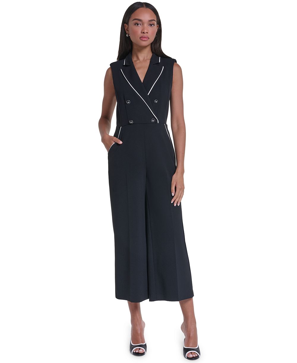 KARL LAGERFELD PARIS Women's Scuba Crepe Sleeveless Collared Wide-Leg Jumpsuit