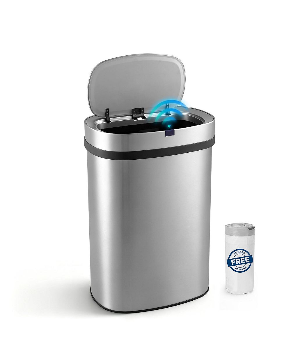 Mega Casa 13-Gallon Touchless Motion Sensor Trash Can (Includes 45 Bags), Oval Stainless Steel Kitchen Waste Bin