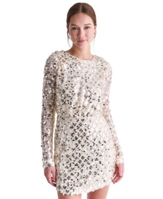 BCBG Women's Sequin Long-Sleeve Crewneck Mini Dress