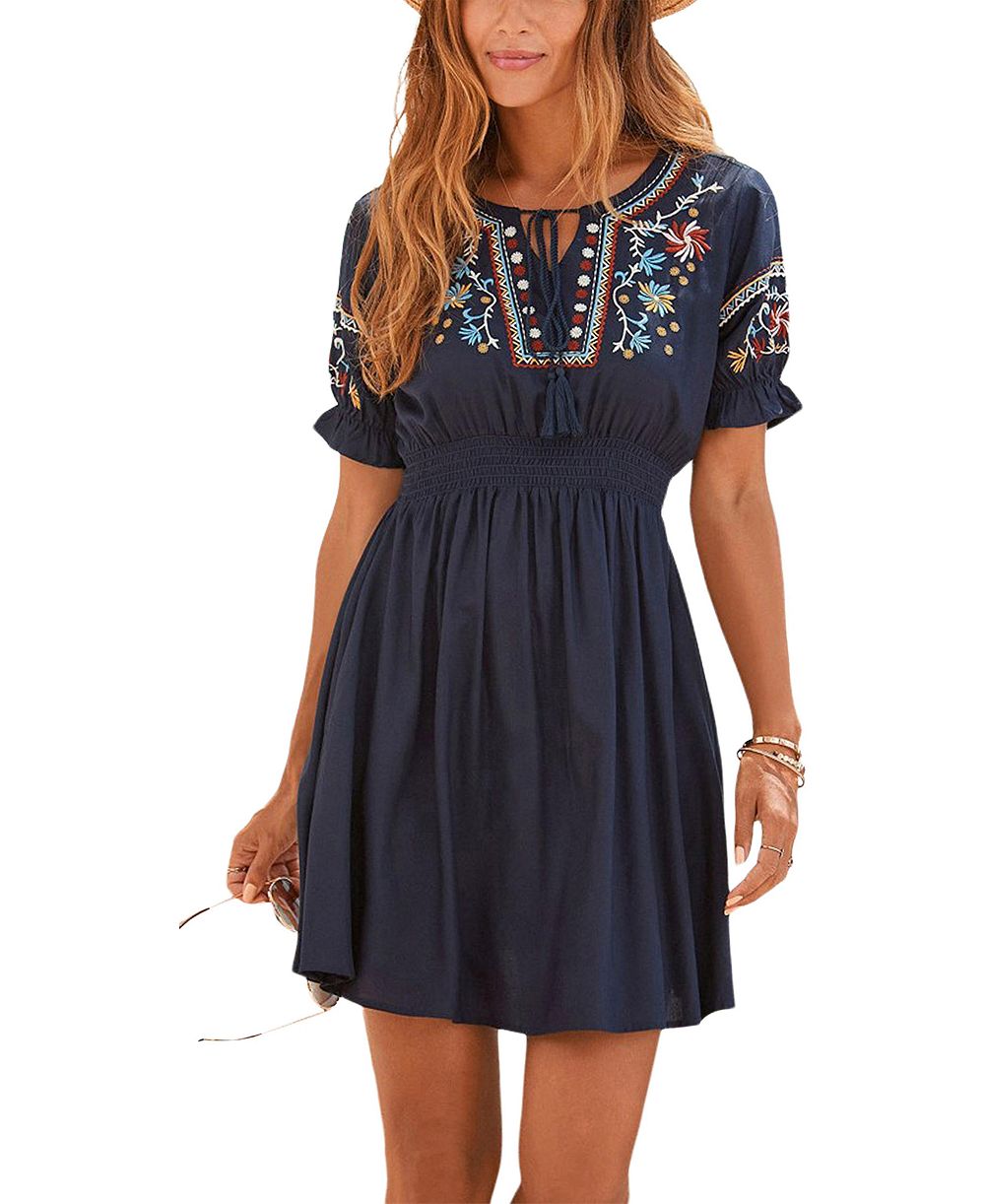 LASCANA Women's Viscose Embroidered Short A-Line Elastic-Waist Short Dress