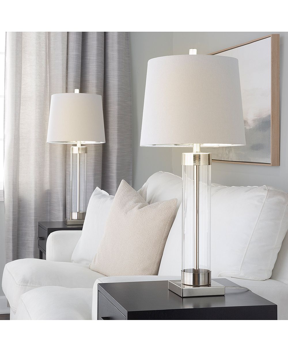 Sofucor 30" Contemporary Glass Table Lamp in Clear Glass and Brushed Nickel with White Linen Shade from Grandview Gallery - Set of 2