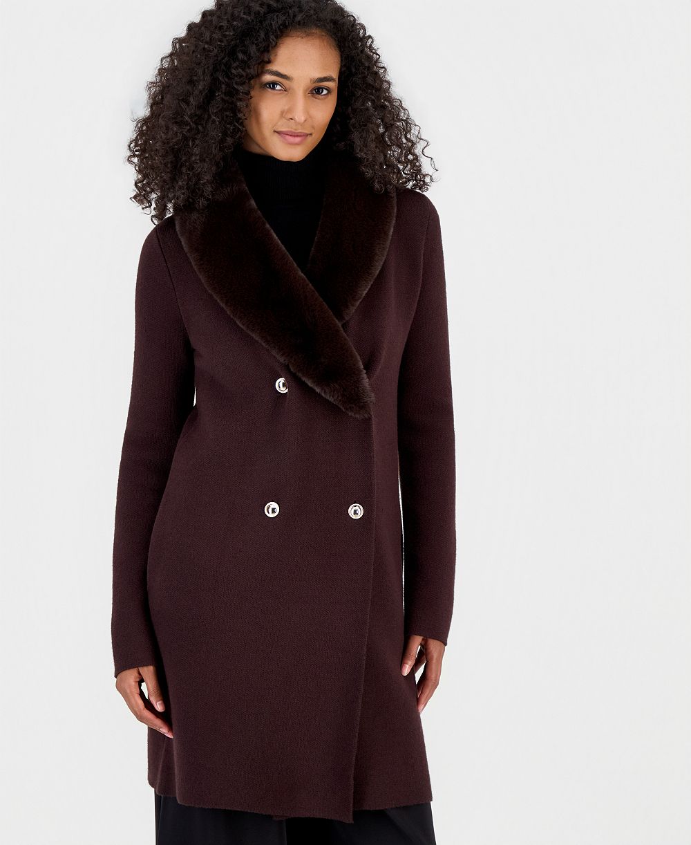 T Tahari Women's Milano Stitch Double-Breasted Faux Fur Shawl Collar Jacket