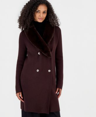 T Tahari Women's Milano Stitch Double-Breasted Faux Fur Shawl Collar Jacket