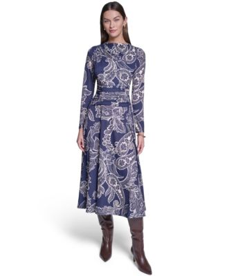 Halston Women's Long-Sleeve Paisley-Print A-Line Midi Dress