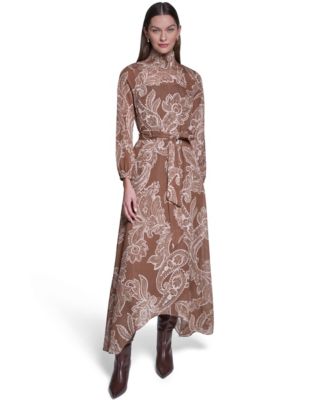 Halston Women's Paisley-Printed Long-Sleeve Chiffon Midi Dress