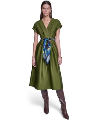 Женское платье-рубашка Halston с шарфом-ремнем, V-образным вырезом и А-силуэтом, миди