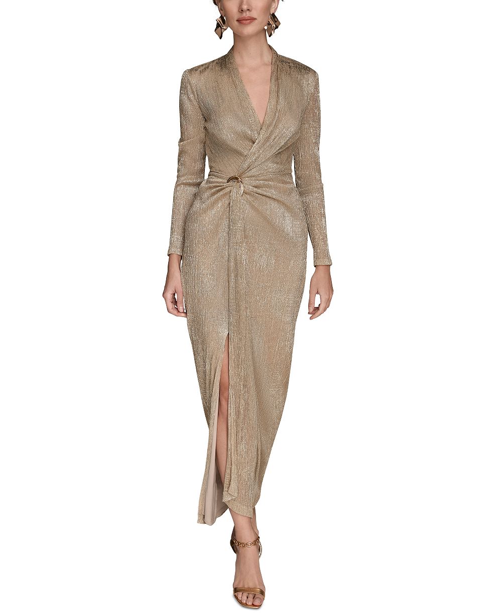 Donna Karan New York Женское длинное платье с запахом, рукав длинный, металлический оттенок, размер Petite