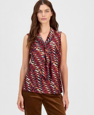 Tahari ASL Petite Sailor Tie Sleeveless V-Neck Geometric Blouse