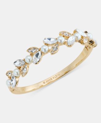 Anne Klein Glass Crystal and Faux Pearl Gold-Tone Oval Navette Bangle Bracelet