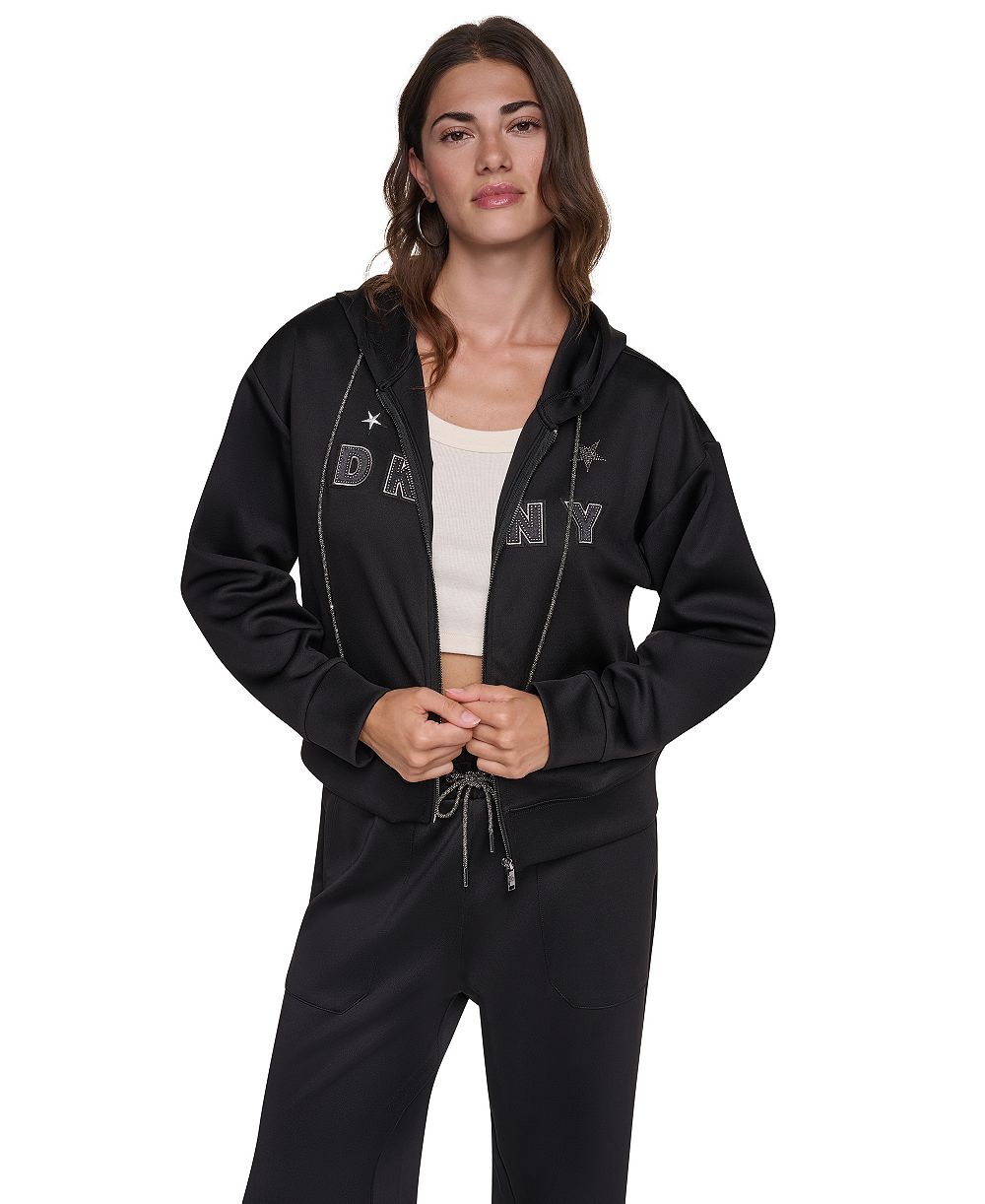 DKNY Women's Pins and Patches Full-Zip Hoodie Sweatshirt