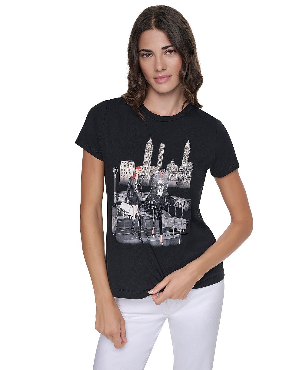 DKNY Women's Central Park Steps Conversational Crewneck Short-Sleeve T-Shirt