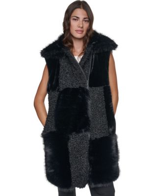DKNY Женская жилетка из искусственного меха средней длины с воротником и лоскутным дизайном