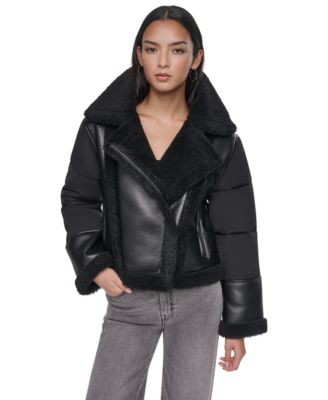 DKNY Women's Faux Shearling Puff-Sleeve Short Jacket