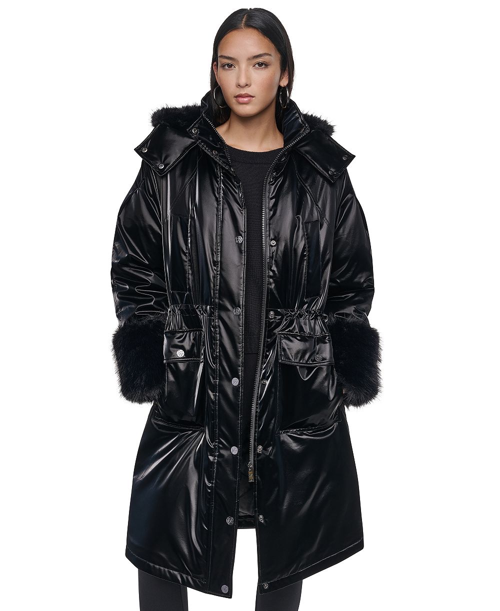 DKNY женское пальто из нейлового бархата длиной до колена с капюшоном и манжетами из искусственного меха