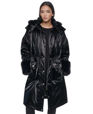 DKNY Women's Hooded Knee-Length Faux Fur Cuff Nylon Velvet Coat