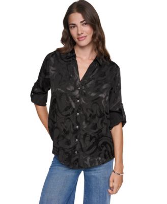 DKNY Women's Roll-Tab Jacquard Blouse
