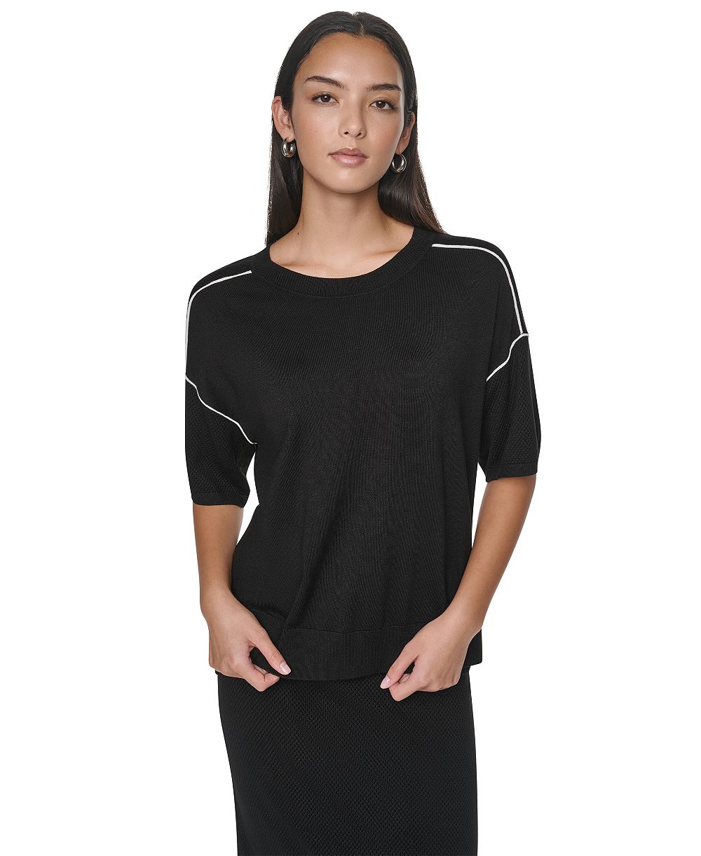 DKNY женский свитер с коротким рукавом, сетчатой текстурой и контрастной отделкой