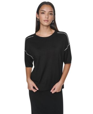 DKNY женский свитер с коротким рукавом, сетчатой текстурой и контрастной отделкой