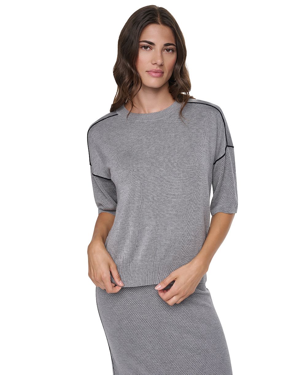 DKNY Women's Short-Sleeve Pointelle-Mesh Contrast-Trim Sweater