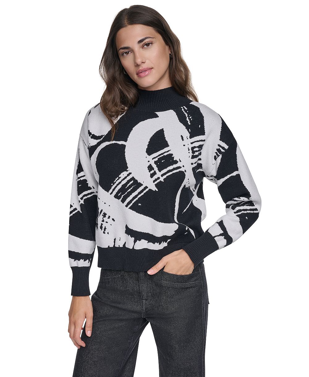 DKNY Women's Mock Neck Heart Brushstroke Long-Sleeve Pullover Sweater