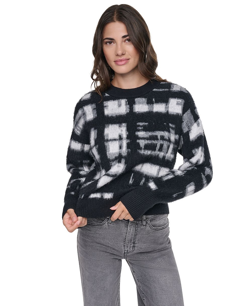 DKNY женский свитер с длинным рукавом и круглым вырезом, в клетку с начесом