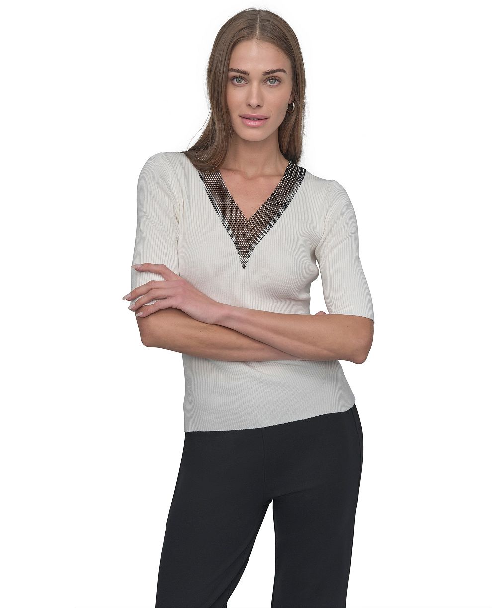 DKNY Women's Crystal V-Neck Cable-Knit Embellished Pullover Sweater