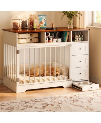 gaomon 48 Inch Dog Crate Furniture with Bowl and Drawers, Farmhouse Medium Small Dog Kennel, Storage Crate Table for Dogs for Living Room