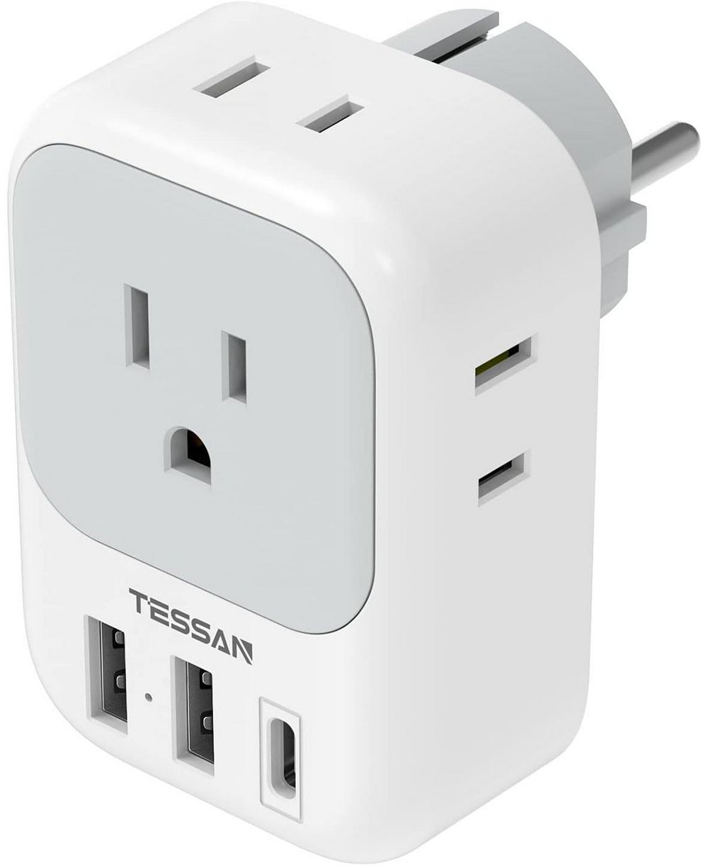 Адаптер TESSAN Type E F Plug, Germany France Power Adapter с 4 AC Outlets и 3 USB Ports