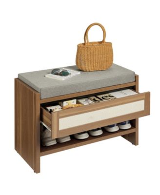 homfan Rattan Entryway Shoe Bench with Storage Drawer and Linen Cushion – Wooden Shoe Storage Bench with Open Shelf and Comfortable Seat
