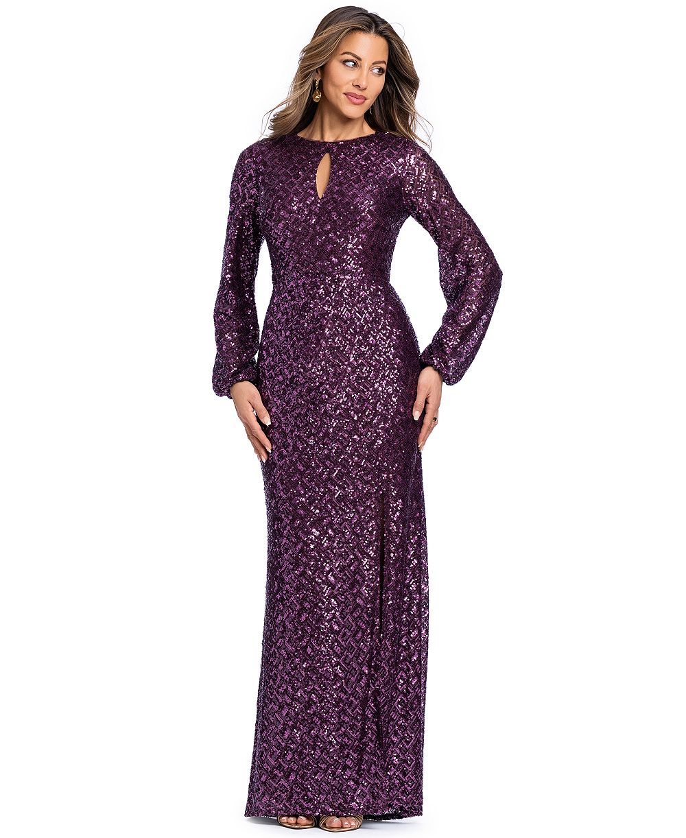 XSCAPE Women's Sequin Long-Sleeve Keyhole Dress