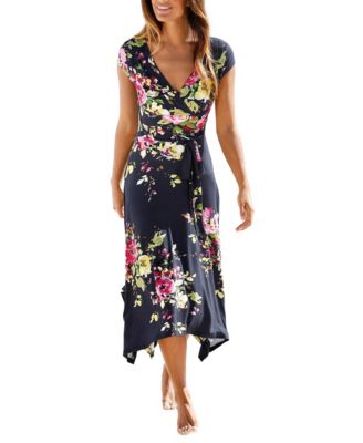 LASCANA Women's Viscose Printed Handkerchief Hem Style V-Neck Midi Dress