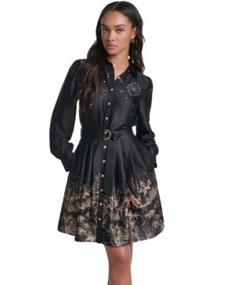 Karl Lagerfeld Women's Placed-Print Satin Long-Sleeve Dress