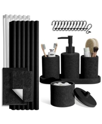 Complete Burlap Texture Polyresin Bathroom Decor and Accessory Set with Shower Curtain and Bath Rugs