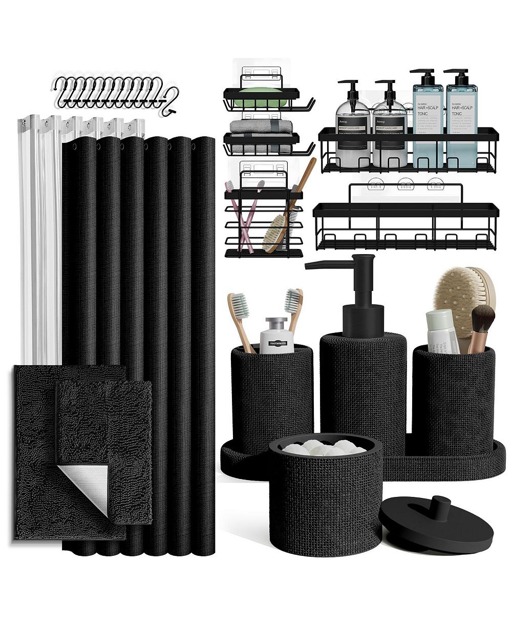 Clara Clark Complete Burlap Texture Polyresin Bathroom Décor and Accessory Set with Shower Curtain, Shower Caddy Set and Bath Rugs