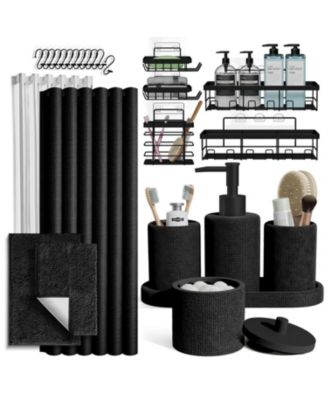 Clara Clark Complete Burlap Texture Polyresin Bathroom Décor and Accessory Set with Shower Curtain, Shower Caddy Set and Bath Rugs