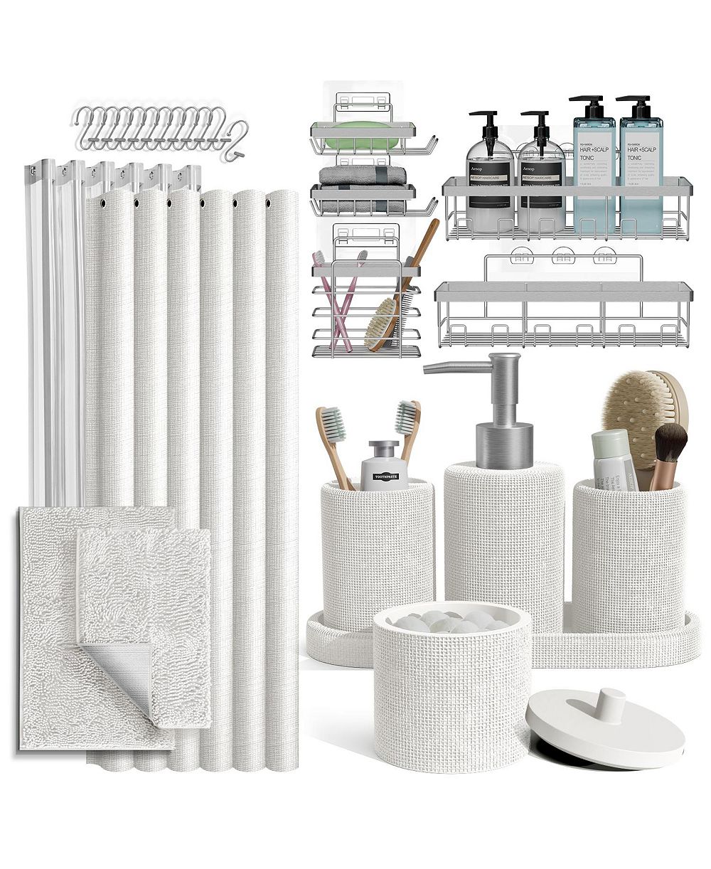 Complete Burlap Texture Polyresin Bathroom Decor and Accessory Set with Shower Curtain, Shower Caddy Set and Bath Rugs