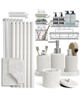 Complete Burlap Texture Polyresin Bathroom Decor and Accessory Set with Shower Curtain, Shower Caddy Set and Bath Rugs