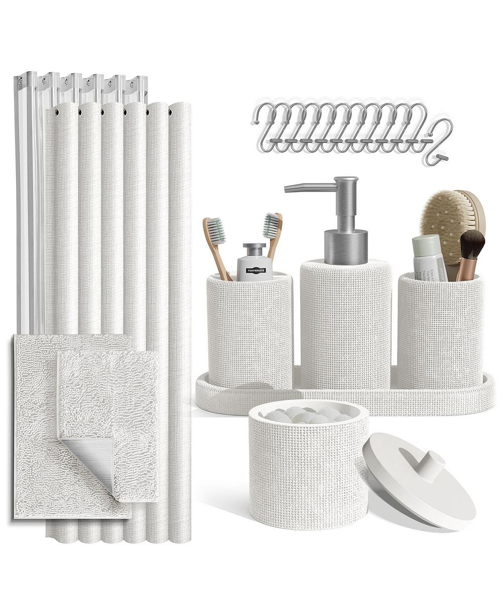 Complete Burlap Texture Polyresin Bathroom Decor and Accessory Set with Shower Curtain and Bath Rugs